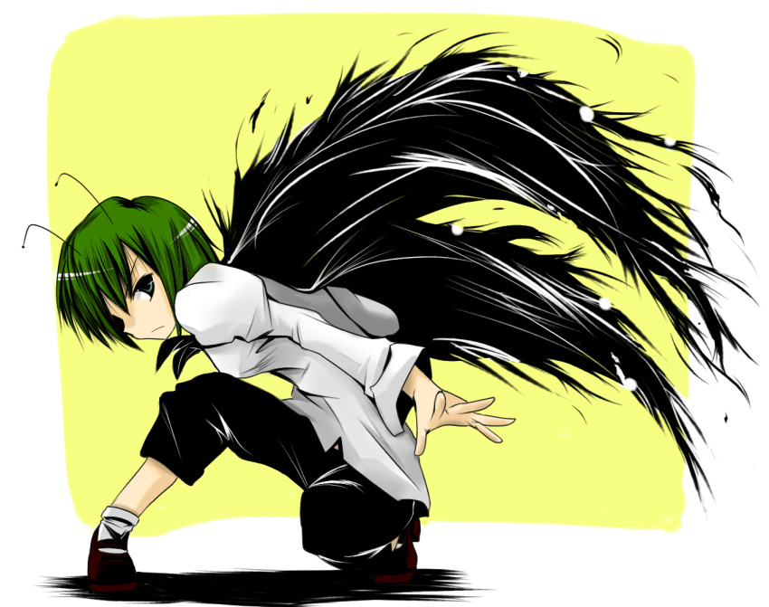 androgynous, antenna, antennae, babel, cape, green_eyes, green_hair, reverse_trap