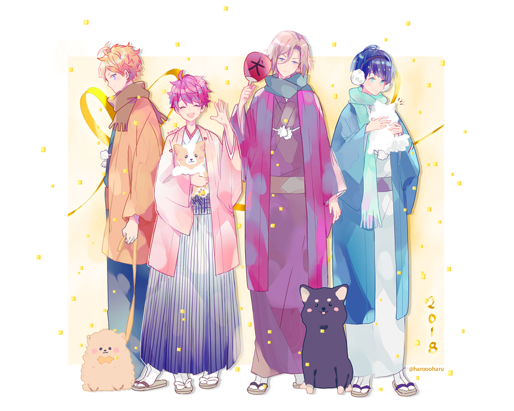 2018, 4boys, :d, a3!, animal, black_hair, blonde_hair, blue_eyes