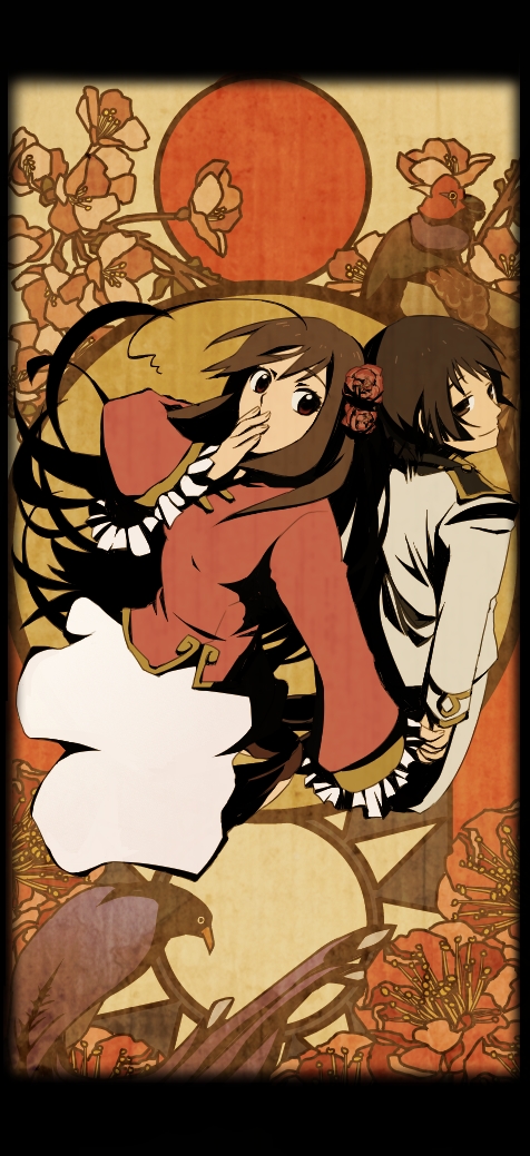 apty, axis_powers_hetalia, bird, black_hair, brown_hair, changpao, chinese_clothes, dress, flower, hair_flower, hair_ornament, japan_(hetalia), long_hair, long_sleeves, military, military_uniform, negitoro, plum_blossom, plum_blossoms, taiwan_(hetalia), uniform
