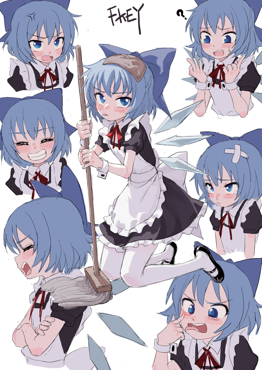 1girl, ?, akanbe, alternate_costume, anger_vein, apron, artist_name, bandaid, bangs, black_dress, blue_bow, blue_eyes, blue_hair, blush, bow, cirno, counting, crossed_arms, dress, enmaided, fkey, full_body, grin, hair_bow, highres, ice, ice_wings, looking_at_viewer, maid, maid_apron, mary_janes, mop, multiple_views, neck_ribbon, open_mouth, puffy_short_sleeves, puffy_sleeves, red_ribbon, ribbon, shoes, short_hair, short_sleeves, smile, tearing_up, tears, tongue, tongue_out, touhou, wings, wrist_cuffs