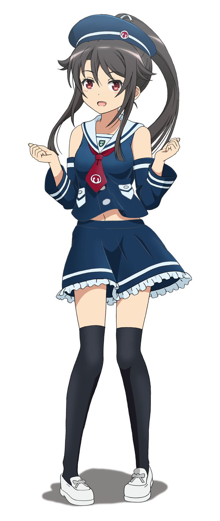 1girl, alternate_costume, badge, beret, black_hair, black_legwear, blue_shirt, blue_skirt