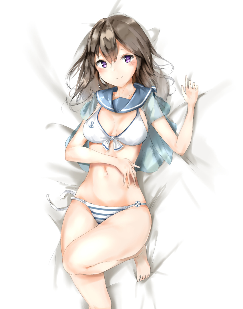 1girl, barefoot, bikini, black_hair, blue_sailor_collar, breasts, cowboy_shot, highres