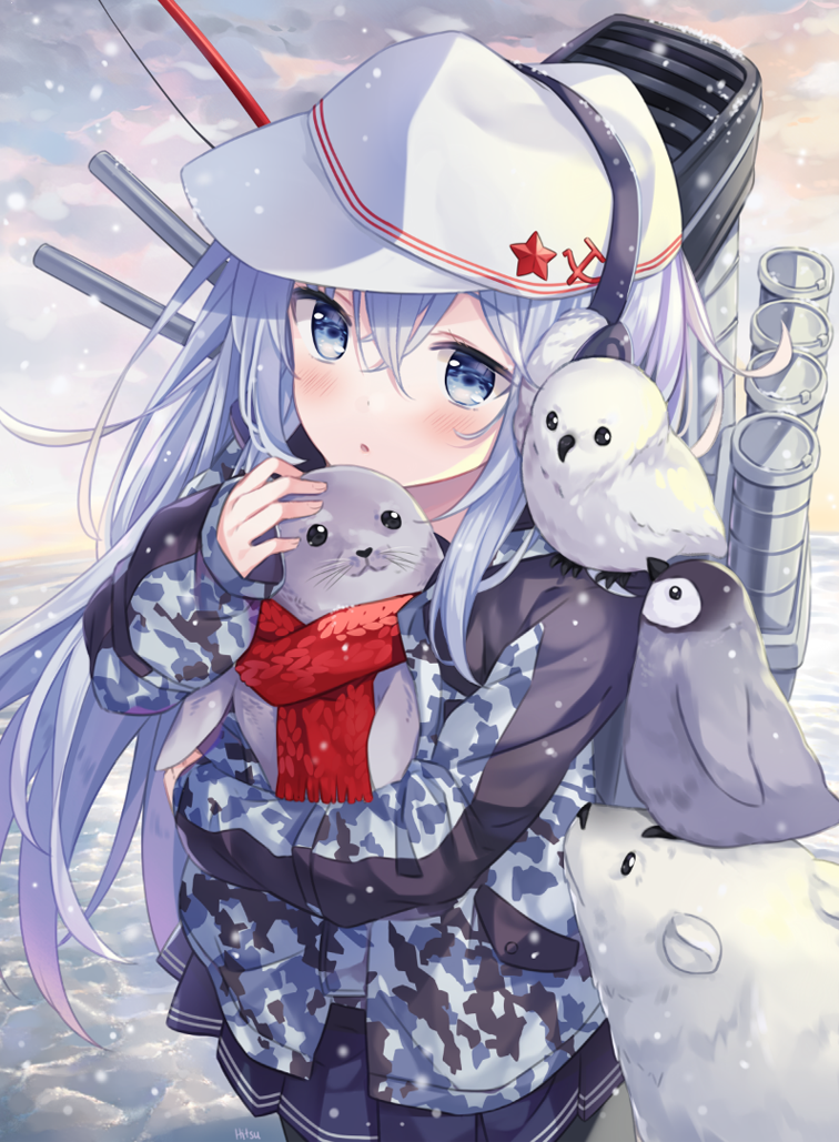 1girl, :3, :o, animal, animal_on_shoulder, backlighting, bear, bird