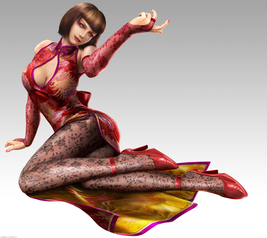 1girl, 3d, absurdres, anna_williams, blue_eyes, bob_cut, breasts, bridal_gauntlets