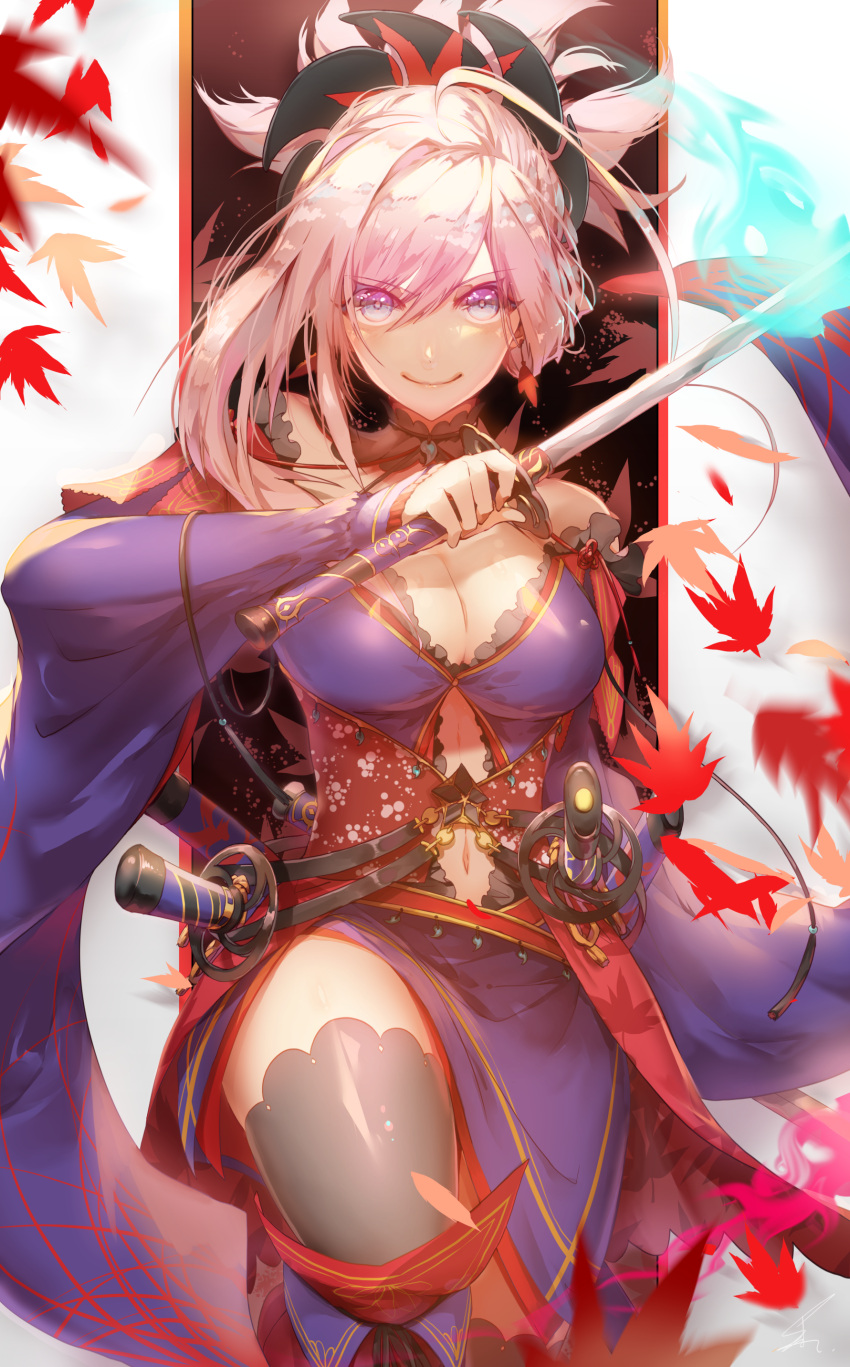 1girl, absurdres, asymmetrical_hair, bangs, black_legwear, blue_eyes, breasts, cleavage