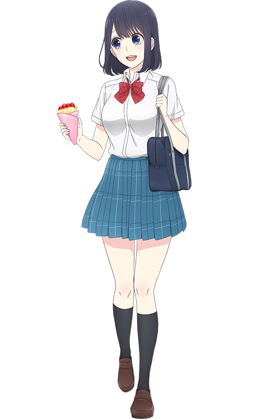 1girl, black_hair, black_legwear, blue_eyes, blue_skirt, bow, bowtie, brown_footwear