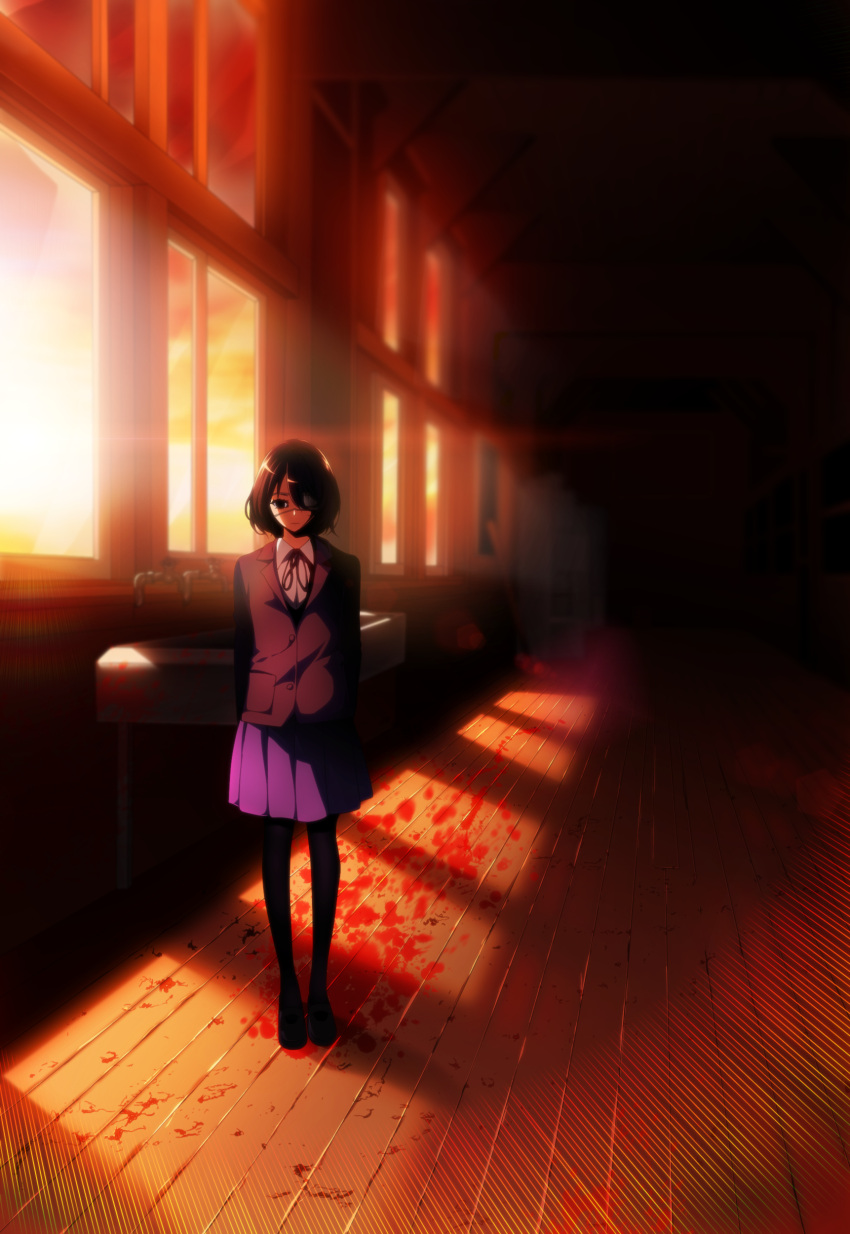 1girl, absurdres, another, black_eyes, black_footwear, black_hair, black_legwear, blood