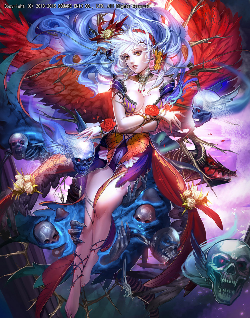 1girl, bangs, barefoot, blue_hair, breast_squeeze, breasts, dragon, emperors_saga, feathered_wings, feathers, fingernails, ghost, hair_ornament, hairband, highres, large_breasts, liduke, looking_at_viewer, official_art, parted_lips, plant, red_wings, skull, solo, toenail_polish, toenails, vines, watermark, wings, yellow_eyes