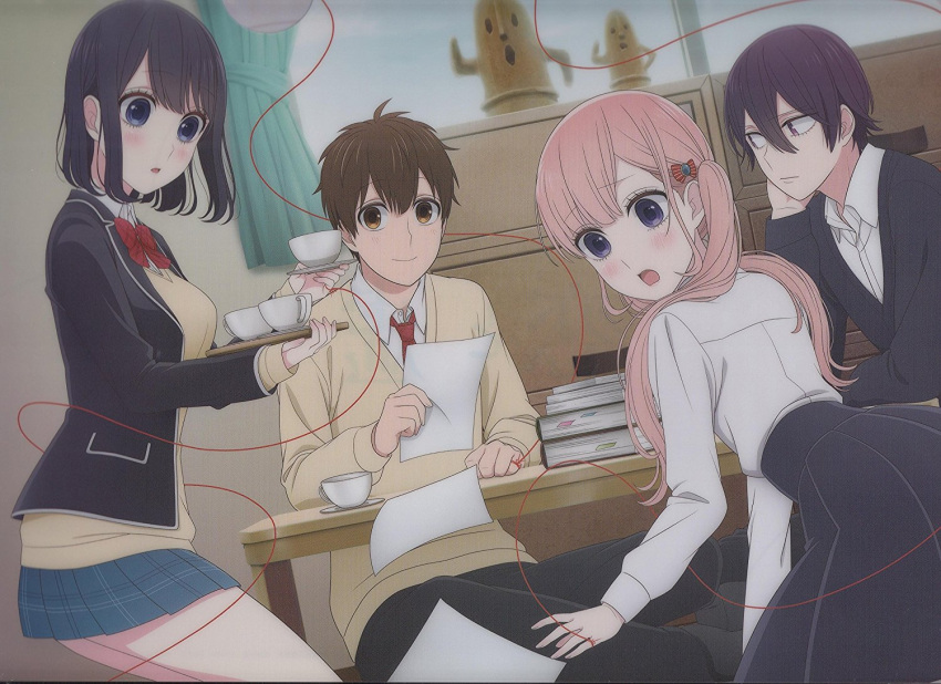 2boys, 2girls, black_hair, blonde_hair, blue_eyes, book, bow, bowtie