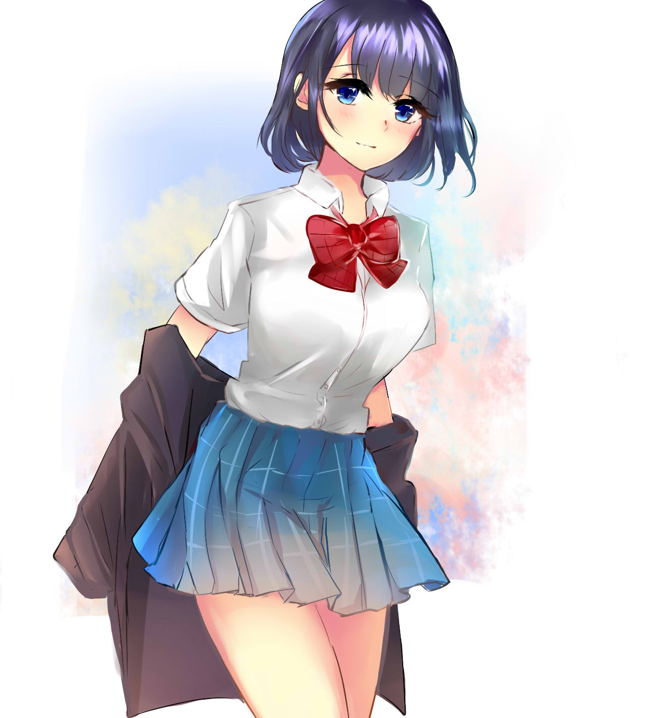 1girl, black_hair, blue_eyes, bow, bowtie, cowboy_shot, highres, koi_to_uso