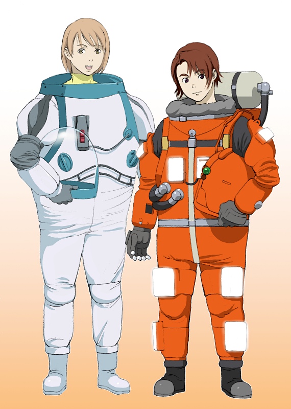 blonde_hair, brown_eyes, brown_hair, helmet, multiple_girls, nono_(planetes), planetes, short_hair