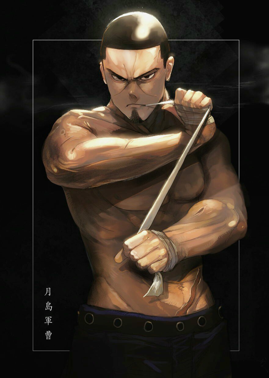 1boy, bandage, belt, biceps, black_hair, clenched_hands, collarbone, facial_hair