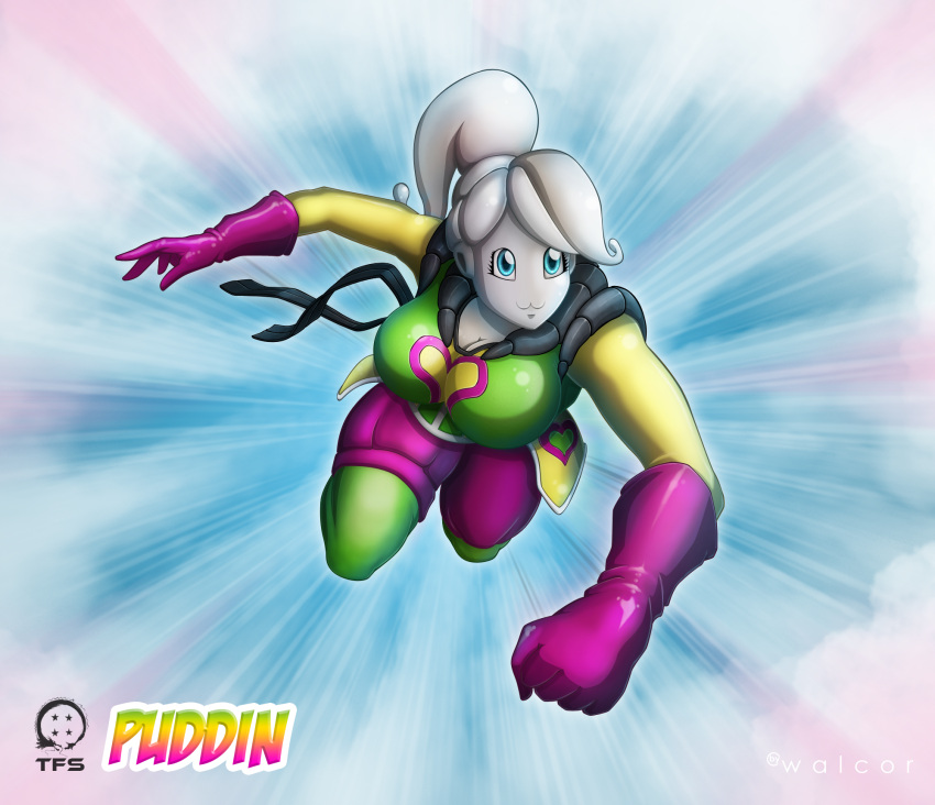 1girl, :3, blue_eyes, boots, breasts, dragon_ball, dragon_ball_xenoverse, female_majin, flying, gloves, grey_skin, grin, heart, highres, huge_breasts, pantyhose, puddin, smile, symbol