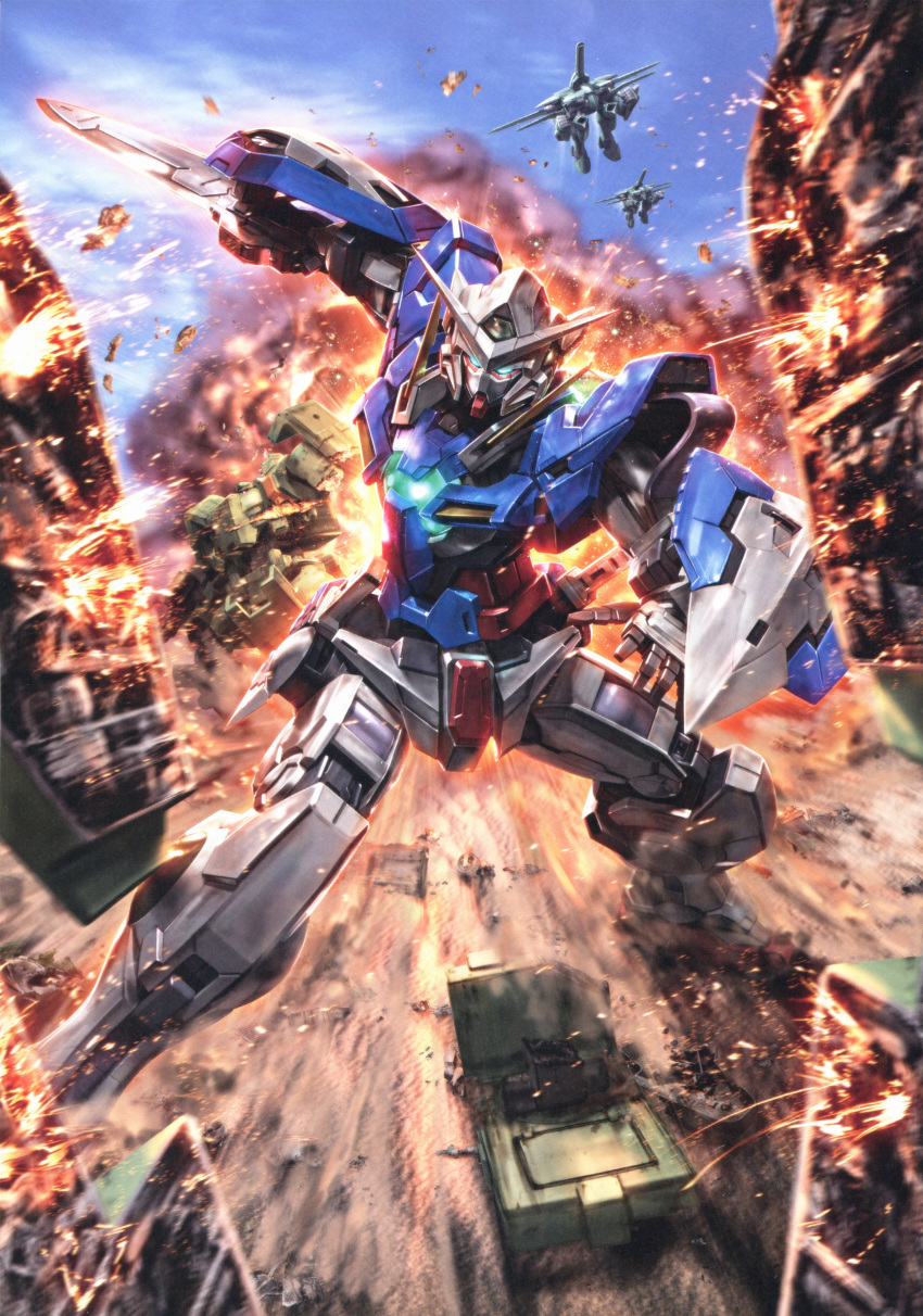 absurdres, artbook, flag_custom, gundam, gundam_00, gundam_exia, highres, mecha, morishita_naochika, outdoors, scan, sword, tieren, weapon