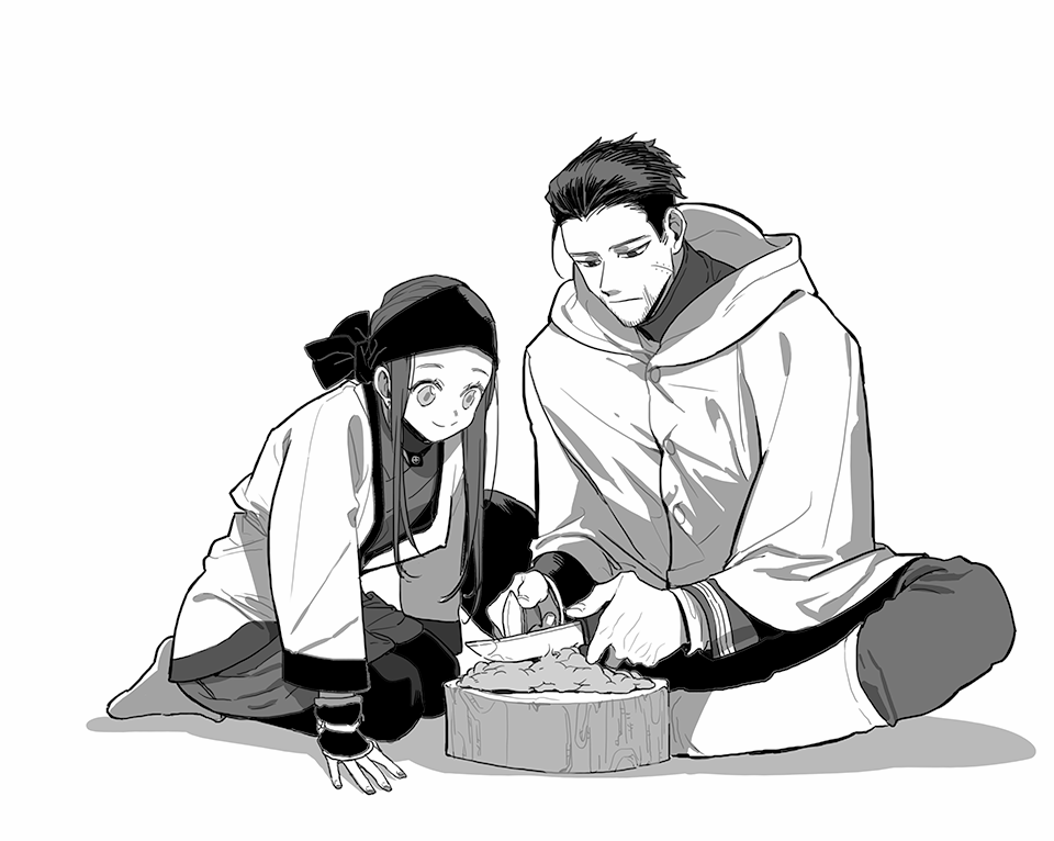 1boy, 1girl, ainu, ainu_clothes, asirpa, bandanna, black_hair, cape