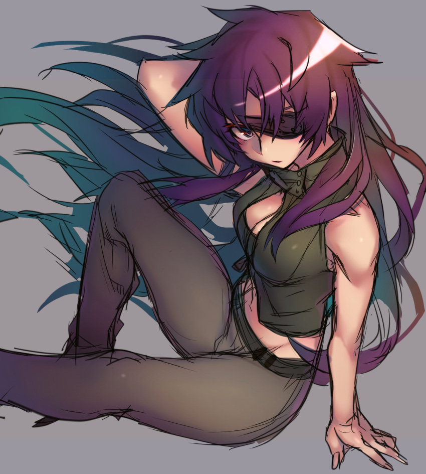1girl, arm_at_side, arm_behind_back, arm_up, bangs, bare_arms, bare_shoulders, belt, black_belt, black_pants, black_shirt, blush, breasts, buttons, cleavage, cleavage_cutout, crop_top, eyebrows, eyelashes, eyepatch, facing_away, fingernails, floating_hair, groin, hair_between_eyes, highres, long_fingernails, long_hair, looking_at_viewer, medium_breasts, mirai_nikki, navel, open_mouth, pants, purple_hair, sasaki_shou, shirt, sitting, solo, stomach, tsurime, turtleneck, uryuu_minene, very_long_hair, violet_eyes