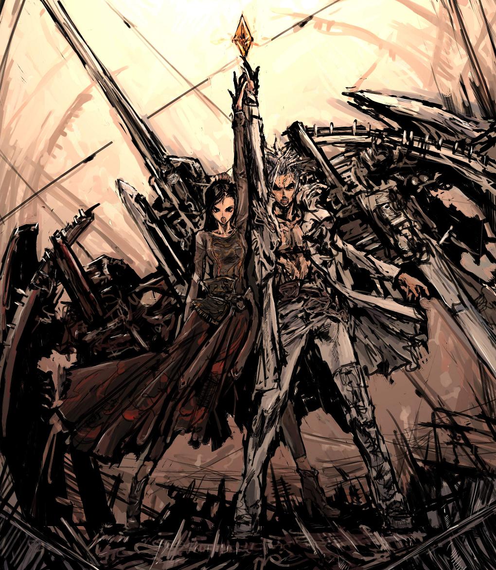 dress, ikaruga, ikaruga_(ship), kagari_(ikaruga), mecha, moto_murabito, ruins, shinra_(ikaruga)