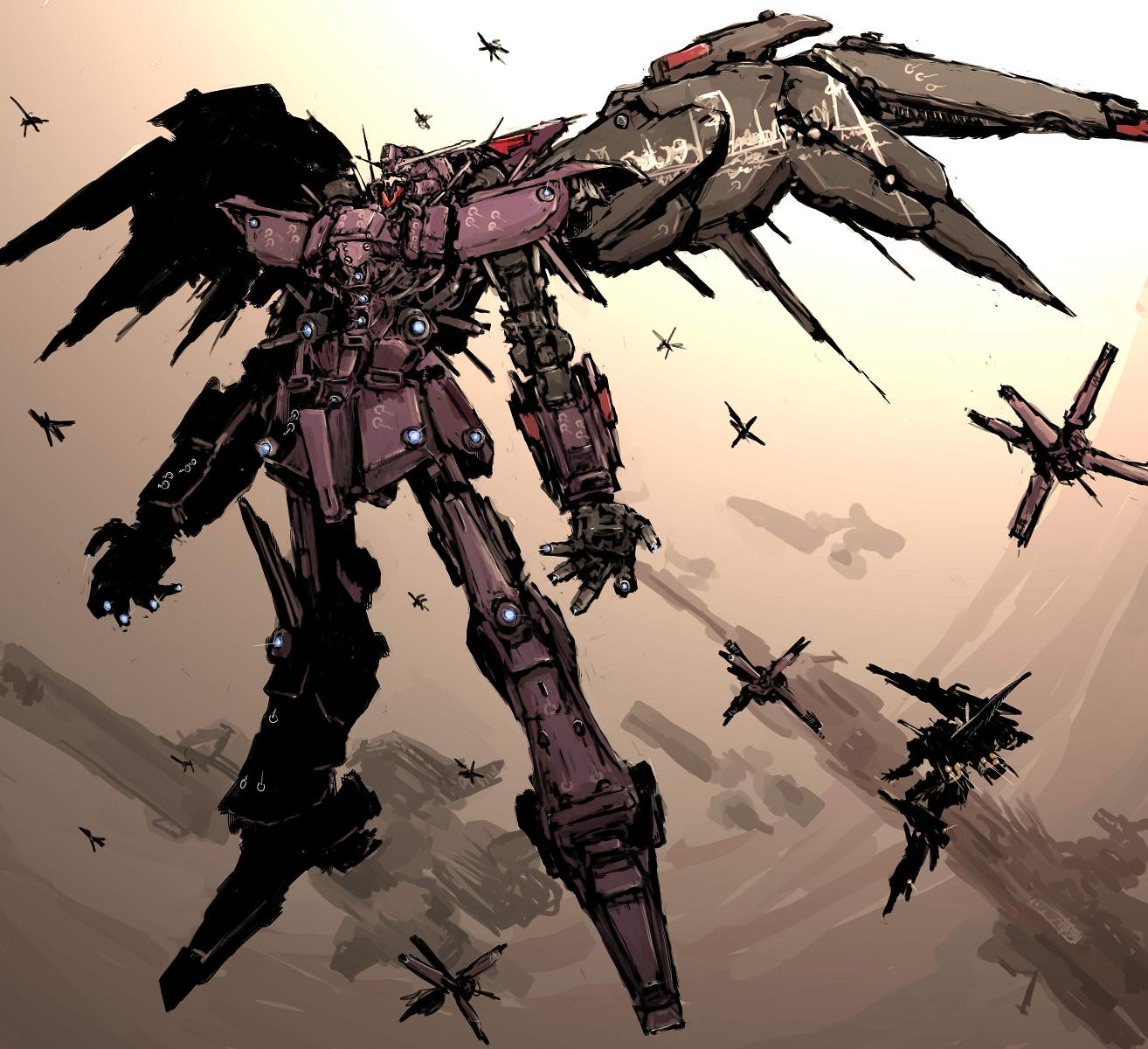 gundam, highres, mecha, moto_murabito, psycho_gundam_mk_ii, psyco_gundam_mk_ii, ship, sky, space_craft, traditional_media, wings, zeta_gundam