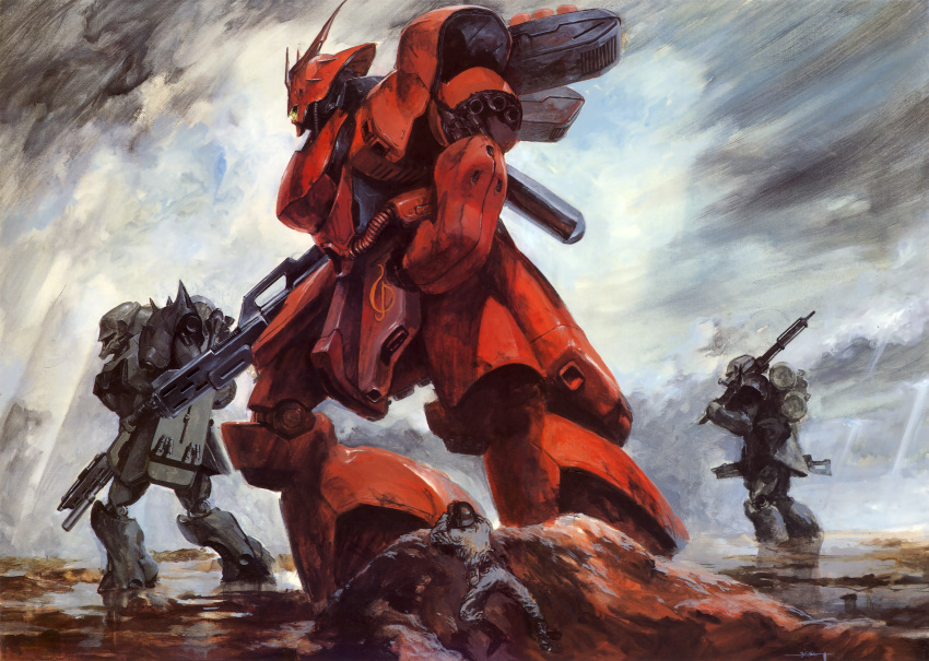 1boy, absurdres, beam_machinegun, boots, char's_counterattack, clouds, cloudy_sky, energy_gun, geara_doga, gun, gundam, helmet, highres, huge_filesize, mecha, military, military_uniform, mobile_suit_gundam, mud, outdoors, panzerfaust, sazabi, shield, sky, suemi_jun, sunlight, thrusters, uniform, weapon