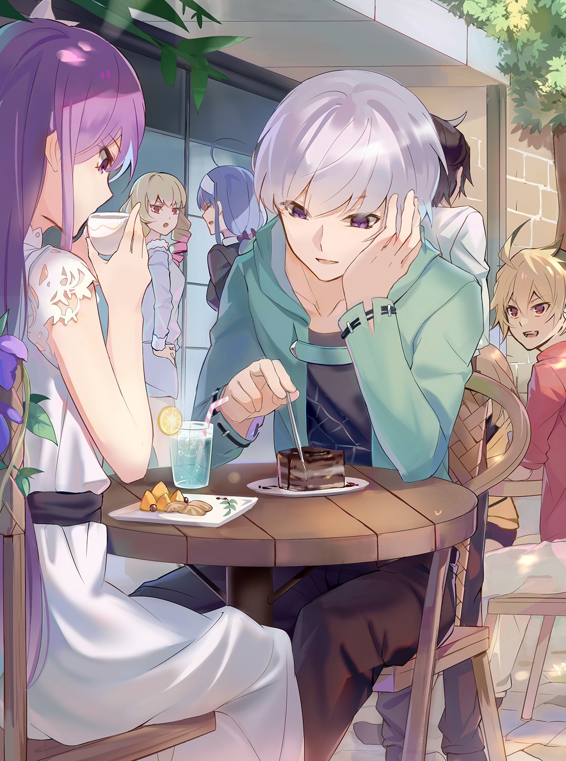 3boys, 4girls, ahoge, black_hair, blonde_hair, blue_hair, byakuya_(under_night_in-birth), cafe