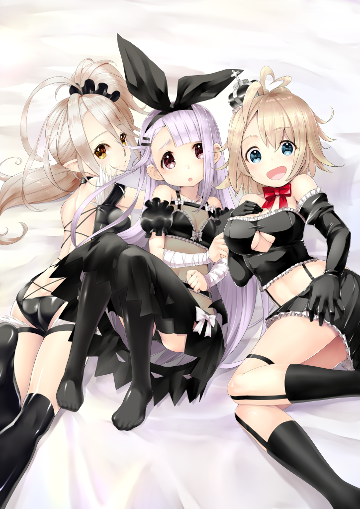 3girls, :d, :o, animal_print, ass, asymmetrical_bangs, backless_outfit, bandage