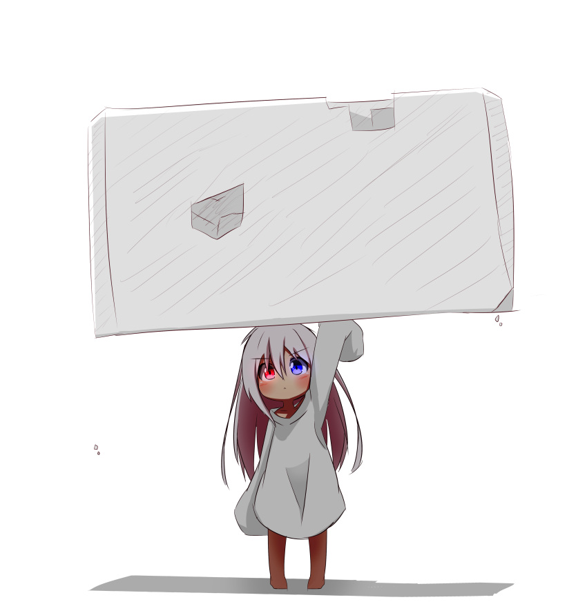 1girl, :<, absurdres, arm_up, bangs, barefoot, blue_eyes, blush
