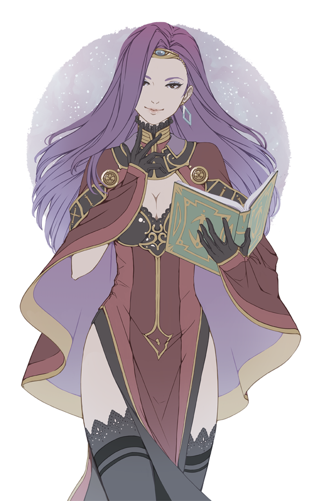 1girl, black_gloves, black_legwear, book, breasts, capelet, circlet, cleavage, dress, earrings, eyelashes, fire_emblem, fire_emblem_echoes:_mou_hitori_no_eiyuuou, fire_emblem_gaiden, gloves, hair_over_one_eye, holding, holding_book, jewelry, lace, lace-trimmed_thighhighs, large_breasts, lips, long_hair, purple_hair, red_dress, seductive_smile, side_slit, simple_background, smile, solo, sonia_(fire_emblem_gaiden), star_(sky), thigh-highs, thighs, turtleneck, violet_eyes, white_background