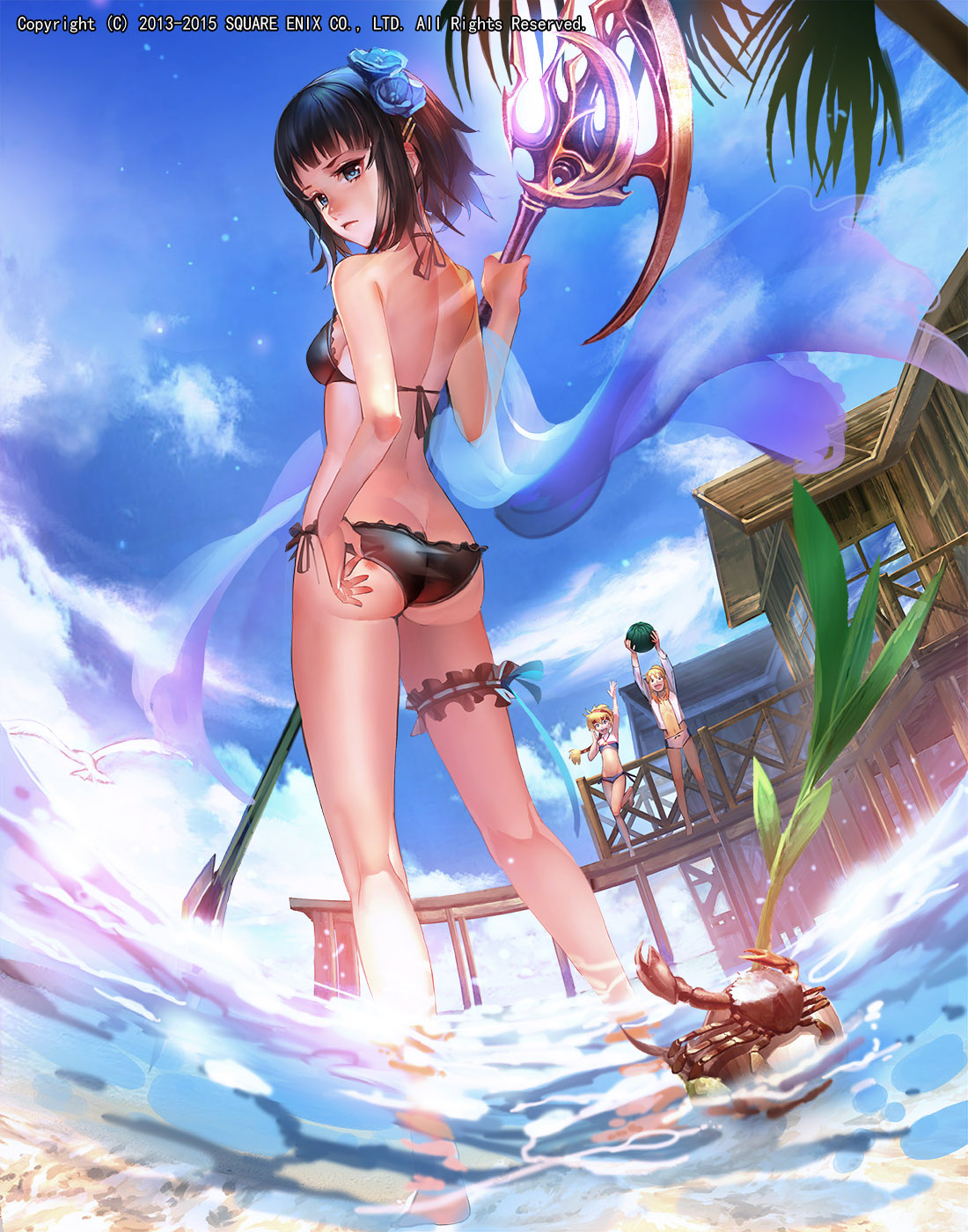 3girls, ass, barefoot, bikini, bird, black_bikini, black_hair, blue_eyes, blue_sky, bruise, closed_mouth, clouds, cloudy_sky, crab, emperors_saga, fisheye, flower, food, frilled_bikini, frills, fruit, hair_flower, hair_ornament, hairclip, highres, injury, leg_garter, liduke, looking_at_viewer, looking_back, multiple_girls, official_art, outdoors, partially_underwater_shot, seagull, short_hair, sky, solo_focus, standing, swimsuit, tree, watermark, watermelon