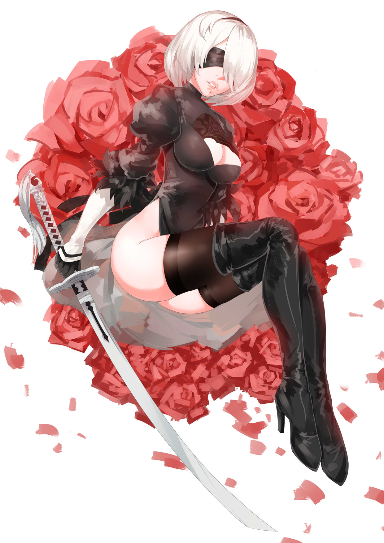 1girl, android, black_dress, black_hairband, black_legwear, blindfold, boots, breasts