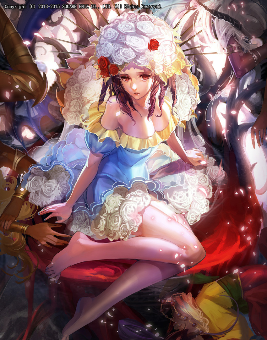 1girl, bare_legs, bare_shoulders, barefoot, blue_dress, blue_nails, breasts, brown_hair