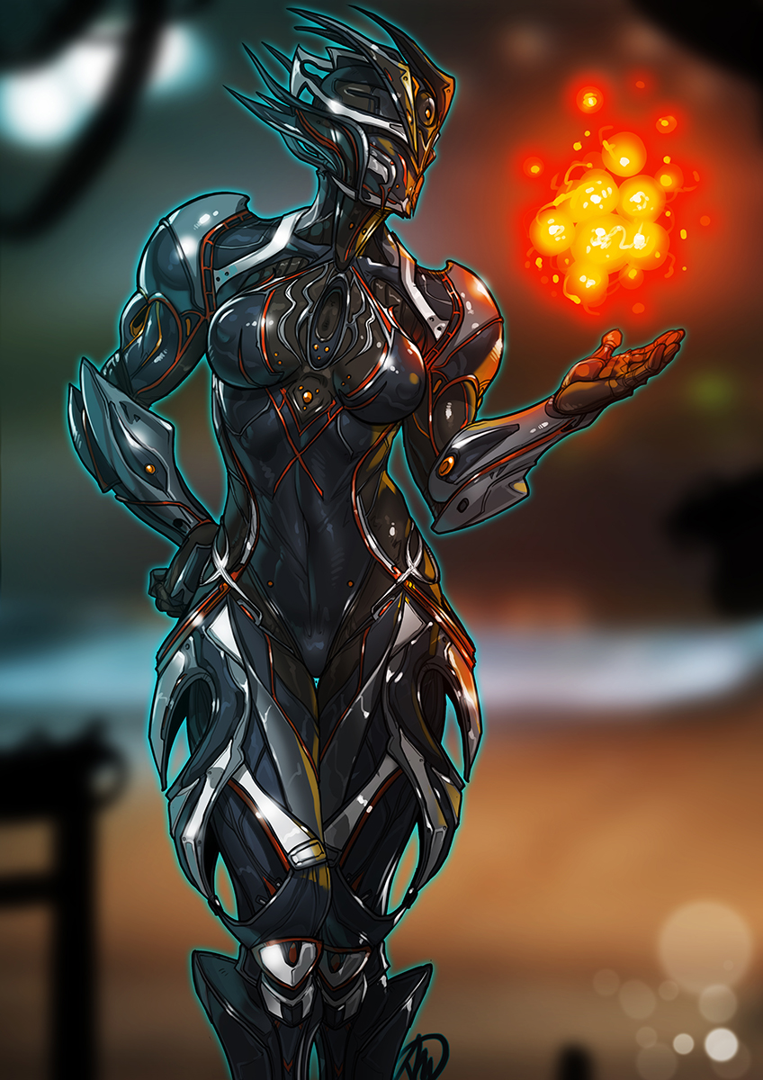 1girl, bodysuit, breasts, ember_(warframe), fire, ganassa, hand_on_hip, highres
