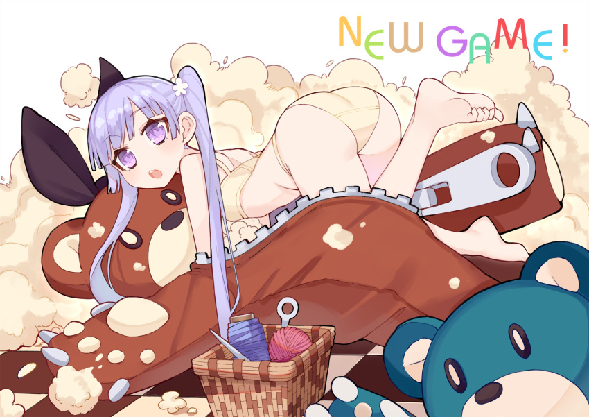 1girl, :o, animal_costume, ass, bare_shoulders, barefoot, bear_costume, beige_bra