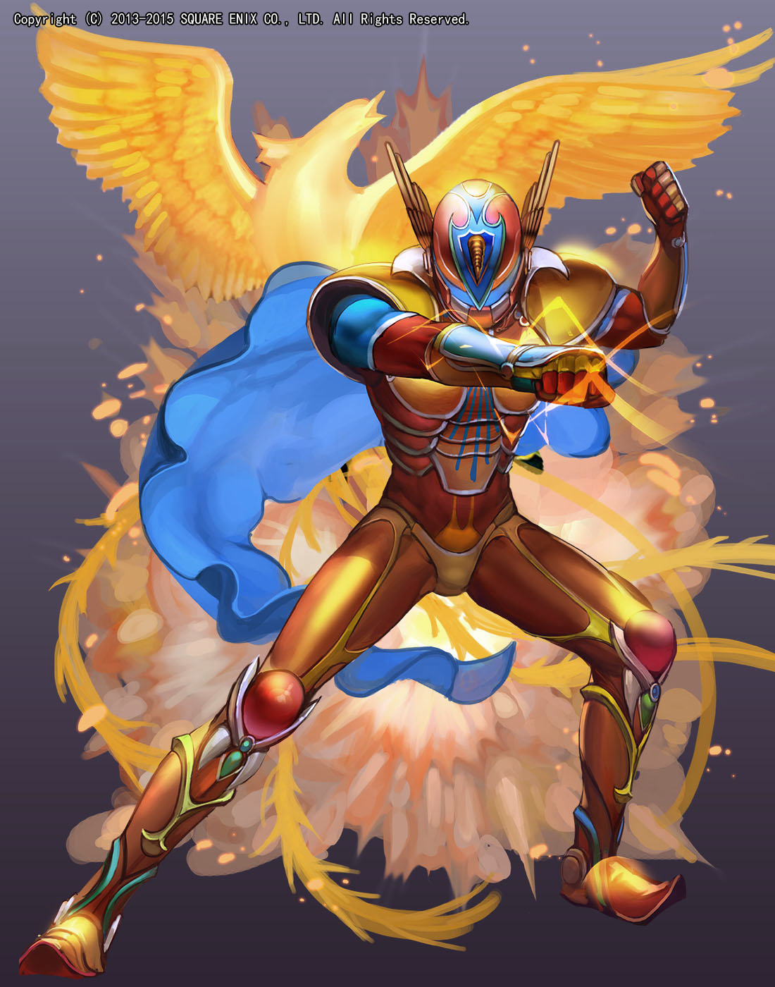 1boy, armor, bird, blue_cape, bodysuit, boots, cape, clenched_hands
