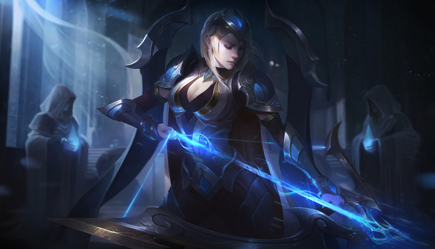 1girl, armor, arrow, blonde_hair, blurry, bow_(weapon), breasts, championship_ashe