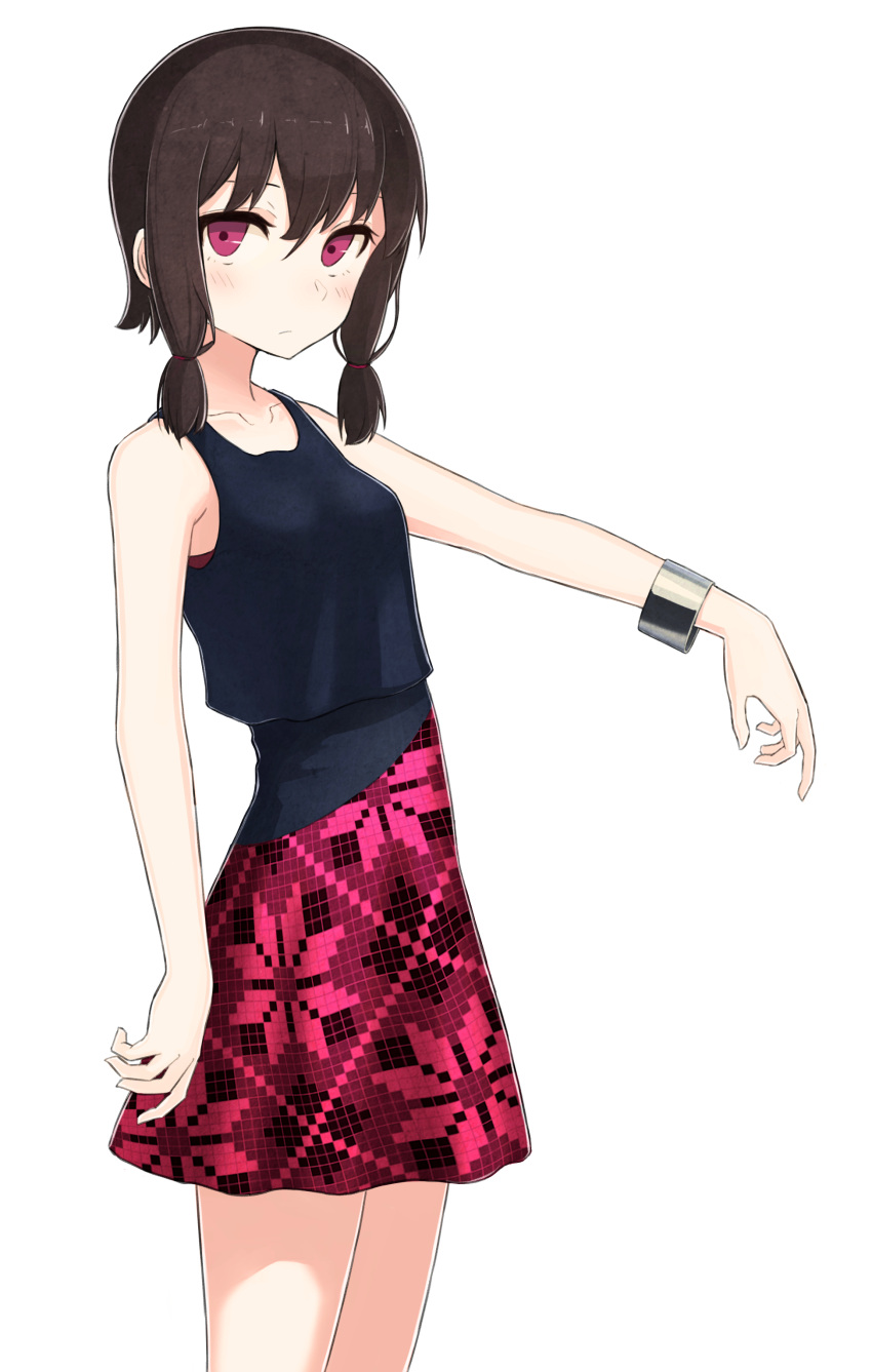 1girl, absurdres, bare_shoulders, bracelet, brown_hair, checkered, checkered_dress, collarbone, cowboy_shot, dress, expressionless, ga_reki_reki, hair_between_eyes, highres, jewelry, looking_at_viewer, low_tied_hair, original, outstretched_arm, short_hair, sidelocks, simple_background, solo, tank_top, violet_eyes, white_background