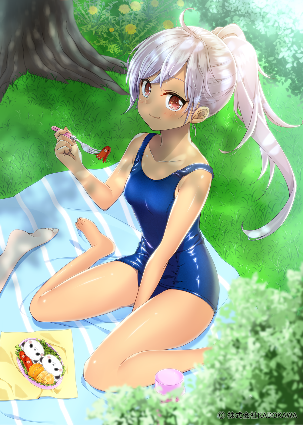 1girl, barefoot, blue_swimsuit, breasts, commentary_request, food, grass, highres
