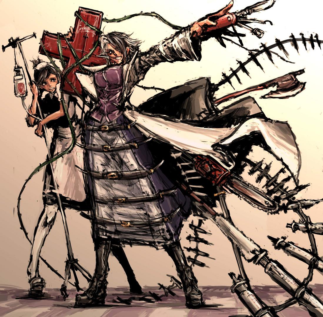 bad_id, boots, chainsaw, cigarette, cross, dress, knife, maid