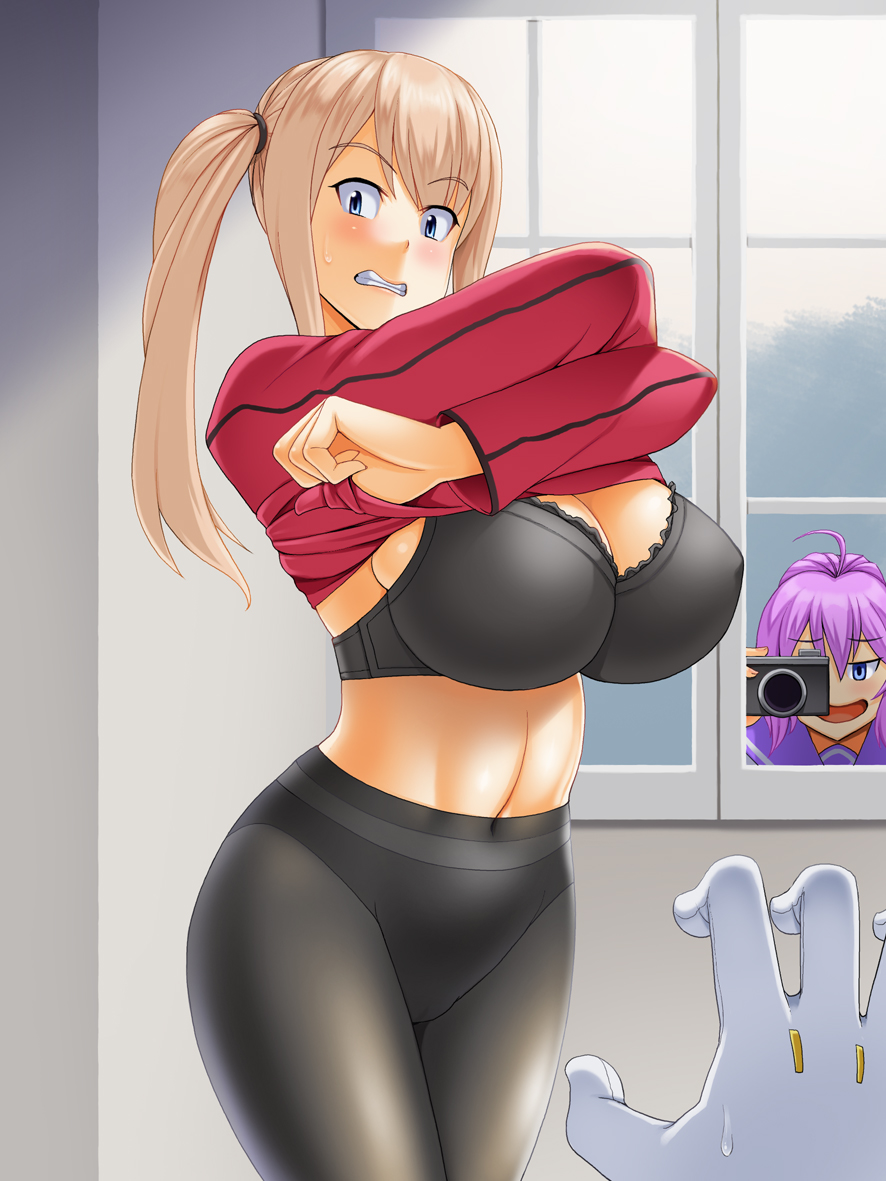2girls, ahoge, alternate_costume, aoba_(kantai_collection), arms_up, black_bra, black_legwear, black_panties