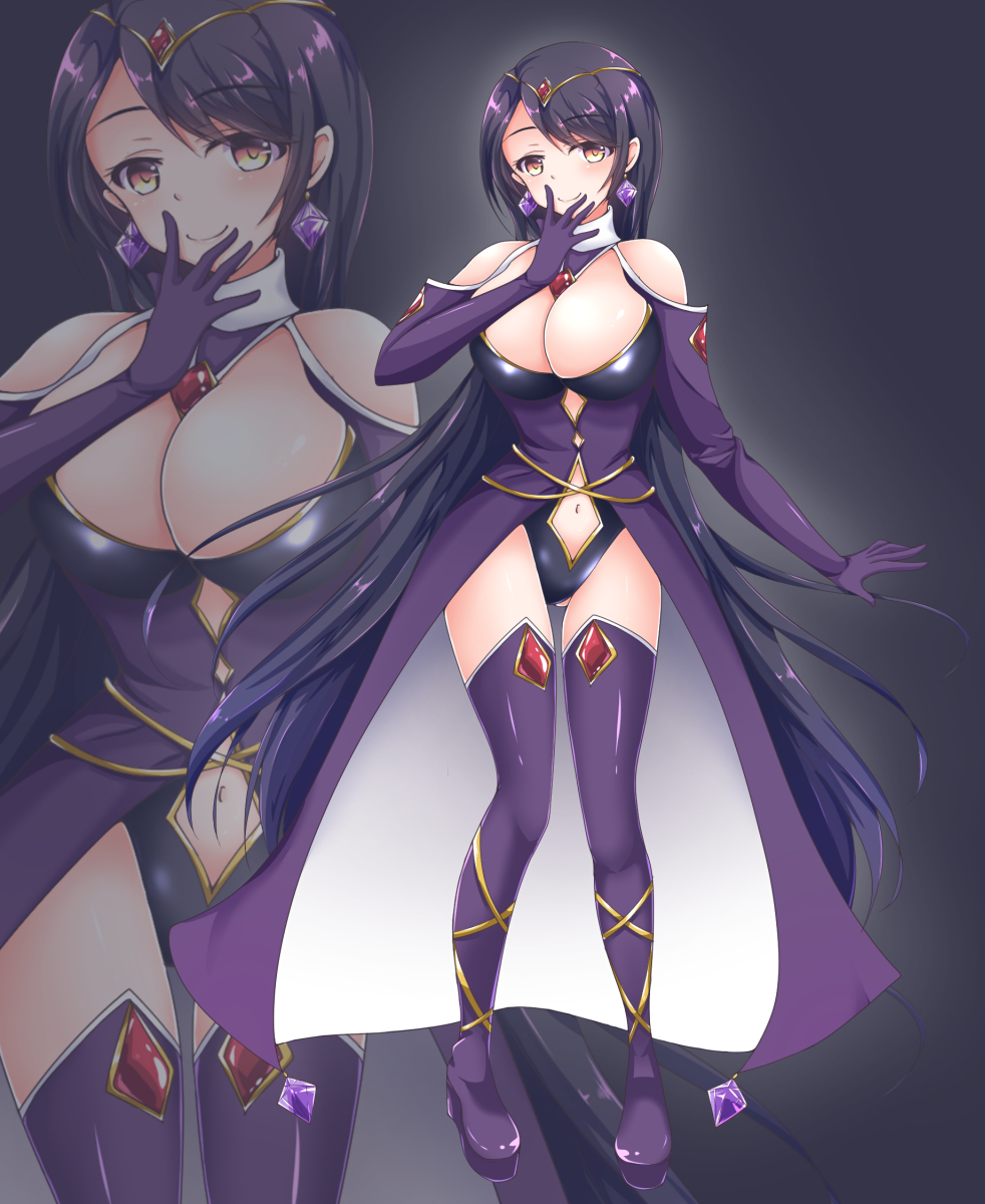bare_shoulders, boots, breasts, brown_eyes, cheese_salami, cleavage, earrings, elbow_gloves, full_body, gloves, grey_background, highres, jewelry, knee_boots, large_breasts, long_hair, looking_at_viewer, navel, navel_cutout, purple_gloves, purple_hair, purple_legwear, smile, standing, tiara, very_long_hair, zoom_layer
