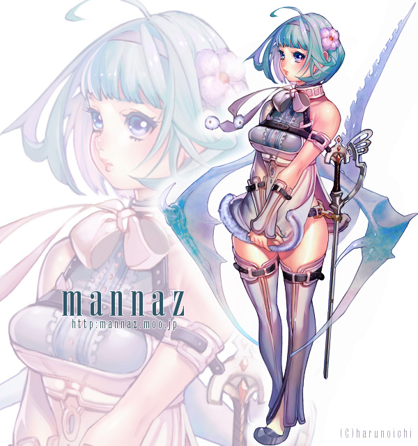 bad_id, blue_eyes, blue_hair, flower, hair_flower, hair_ornament, harunoichi, headband