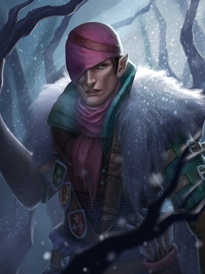 1boy, arrow, brown_hair, fur_trim, green_eyes, hat, iorveth, male_focus, one_eye_covered, open_mouth, pointy_ears, quiver, scar, scarf, snowing, solo, teeth, the_witcher, the_witcher_2, tree, upper_body, vrihedd