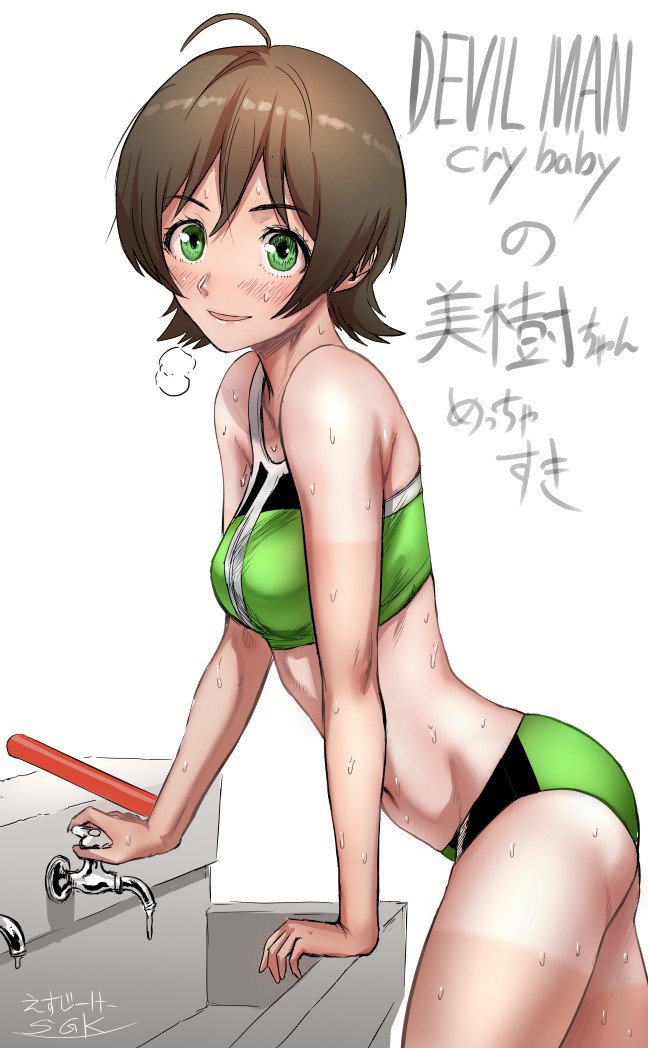 1girl, ahoge, brown_hair, devilman, devilman_crybaby, female, green_eyes, makimura_miki, sgk, solo, sports_bra, sportswear, sweat, tan, tanline, track_uniform