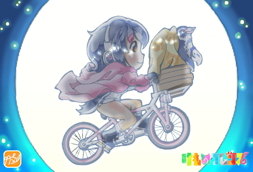 1girl, 1other, animal, bicycle, bird, e.t., flying, grape-kun