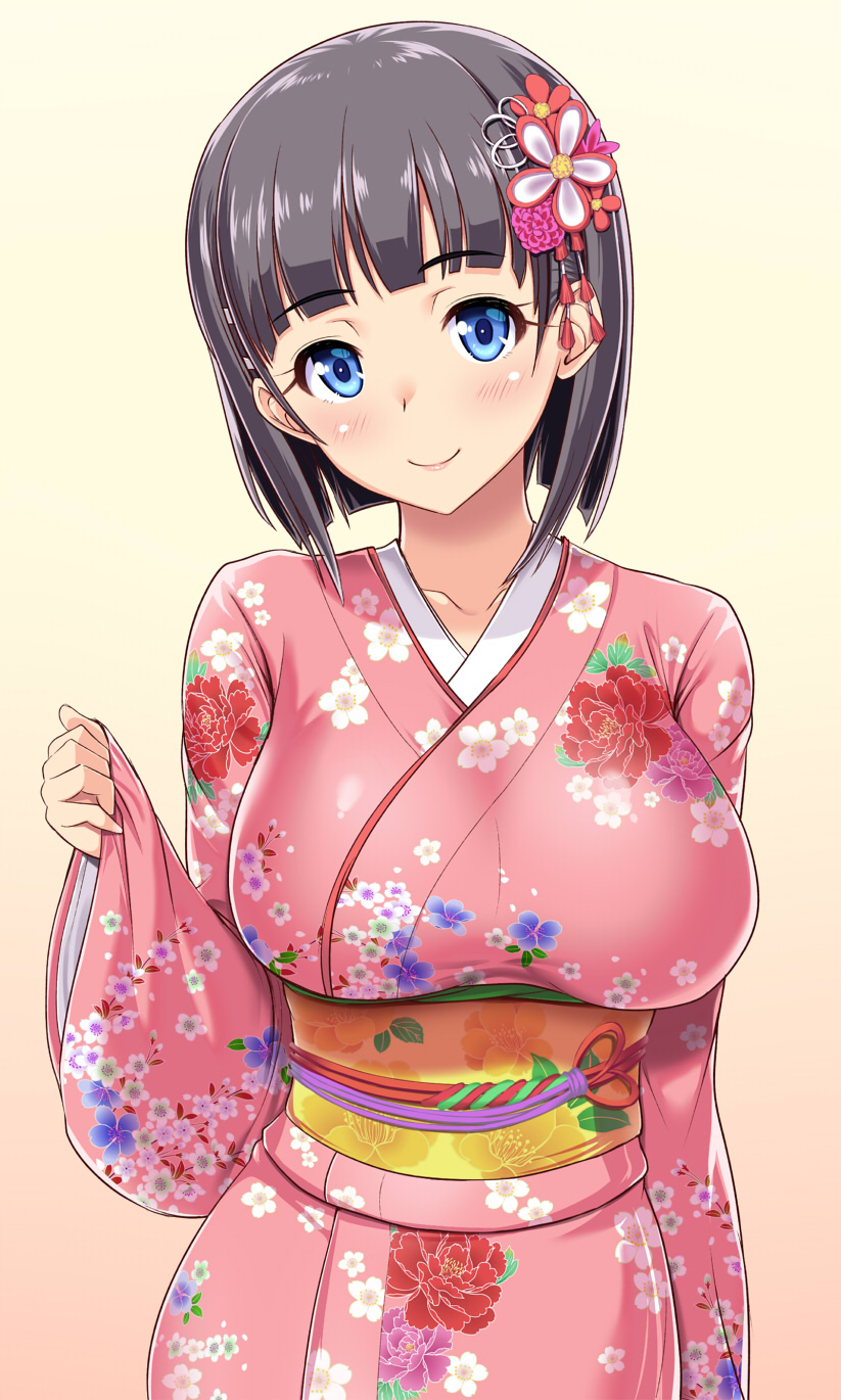 1girl, black_hair, blue_eyes, breasts, collarbone, cowboy_shot, floral_print, gradient