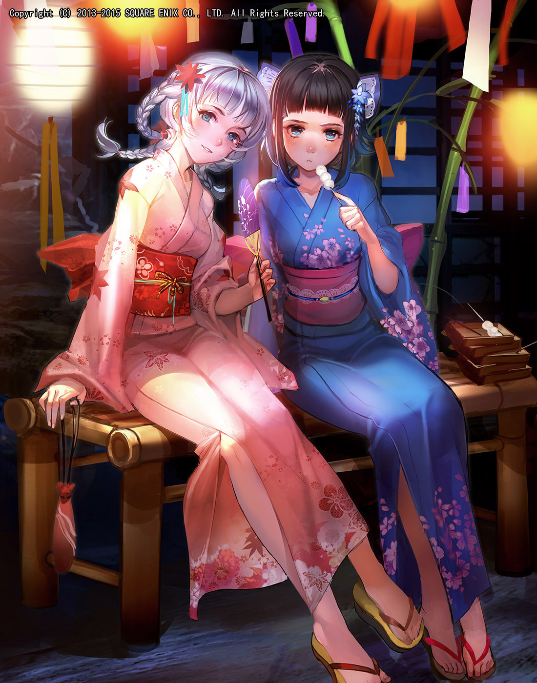 2girls, armor, bamboo, bench, black_hair, blue_eyes, blue_kimono, blue_nails