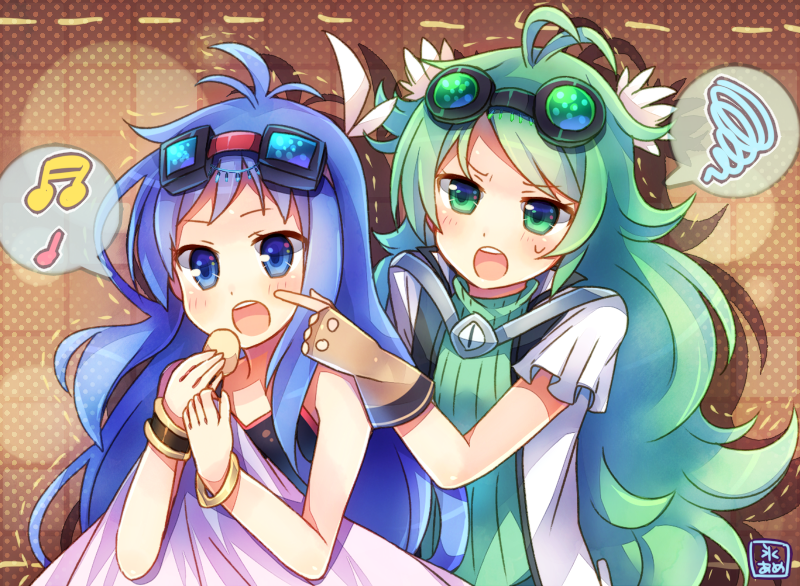 2girls, ahoge, alchemic_magician, annoyed, background, bangle, belt, black_sg, blue_eyes, blue_hair, blush, bracelet, fingerless_gloves, food, gloves, goggles, goggles_on_head, green_eyes, green_hair, jewelry, long_hair, multiple_girls, musical_note, polka_dot, polka_dot_background, ribbed_sweater, slacker_magician, speech_bubble, sweatdrop, sweater, tile_background, two-tone_background, very_long_hair, yu-gi-oh!
