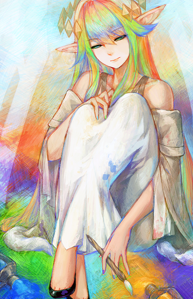 1girl, bangs, bare_shoulders, closed_mouth, collarbone, commentary_request, dress, duel_monster, elf, eyebrows_visible_through_hair, hair_between_eyes, holding, labombardier!, long_hair, multicolored_hair, paint, paint_tube, paintbrush, pointy_ears, sidelocks, sitting, solo, tagme, the_weather_painter_rainbow, white_dress, yu-gi-oh!