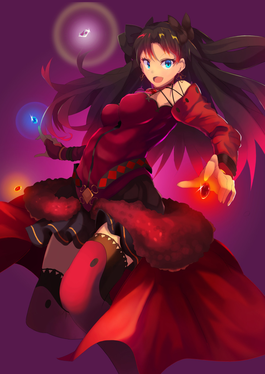 1girl, :d, absurdres, black_hair, black_ribbon, blue_eyes, breasts, craft_essence