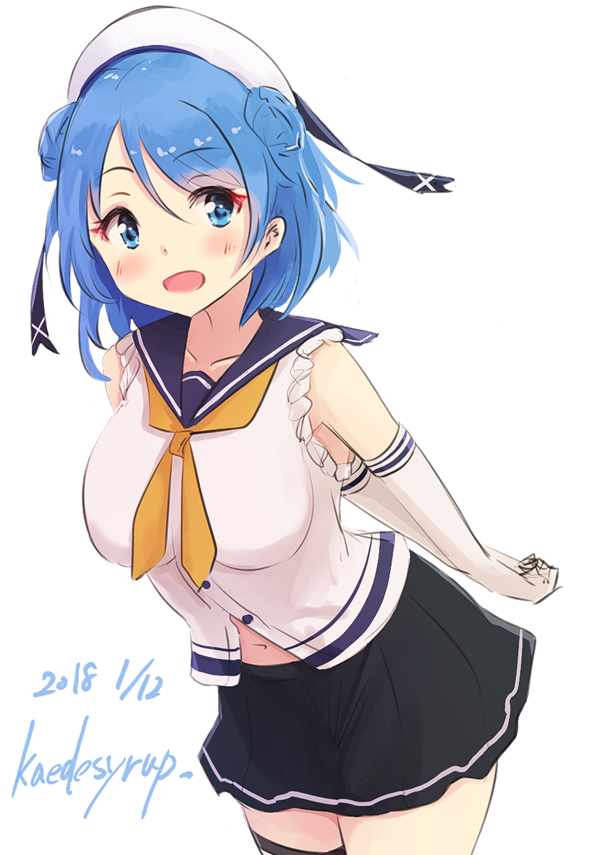 1girl, artist_name, black_skirt, blue_eyes, blue_hair, cowboy_shot, dated, double_bun
