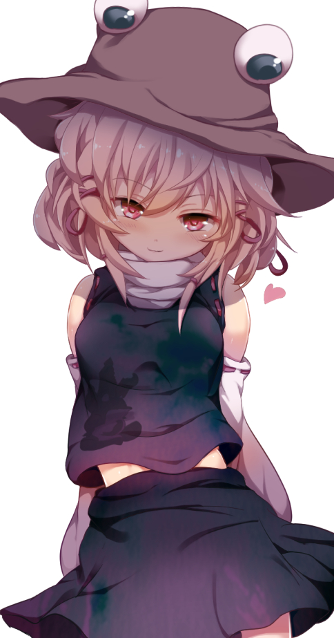 1girl, arms_at_sides, bangs, blonde_hair, brown_hat, closed_mouth, cowboy_shot, detached_sleeves, hagure_kedama, hair_ribbon, hat, head_tilt, heart, looking_at_viewer, miniskirt, moriya_suwako, purple_skirt, red_eyes, red_ribbon, ribbon, ribbon-trimmed_sleeves, ribbon_trim, simple_background, skirt, skirt_set, smile, solo, touhou, tress_ribbon, vest, white_background